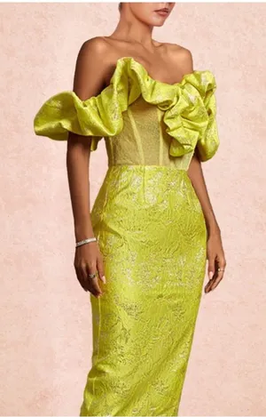NWT Bella Barnett Yellow Ruffled Off-Shoulder Cocktail Dress size L thumbnail 1