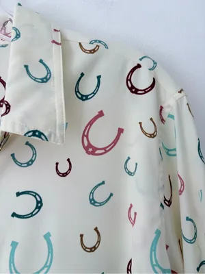 Ariat Western Horseshoe Print Cream Ivory Button Down Blouse Top Large thumbnail 8