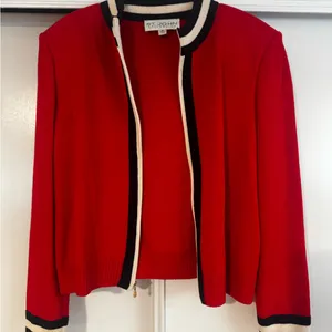St. John Collection Red Knit Open-Front Jacket with Black and Cream Trim thumbnail 1
