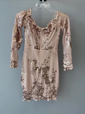 HMS Long Sleeve Sequin Mini Dress Tan thumbnail 2
