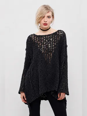 Free People Pretty Pointelle Vee Sweater Small Charcoal Oversized Open Knit thumbnail 2
