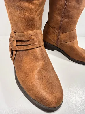 Women’s Brown Knee High Riding Boots Size 7 Side Zip Braided Strap Low Heel thumbnail 6