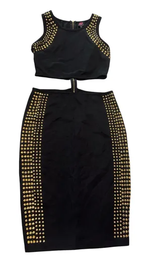 2B BEBE Black Studded 2 Piece Bodycon Skirt Set Crop Top Dress thumbnail 1