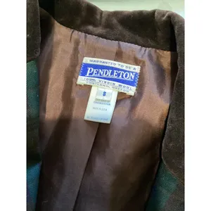 Pendleton Vintage Wool Plaid Blazer Jacket Velvet Collar Green Brown Size 8 thumbnail 4