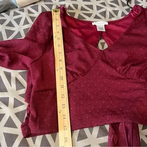 Kirious LA Burgundy Swiss Dot Chiffon Bell Sleeve Tie Back‎ Cutout Crop Top L thumbnail 11