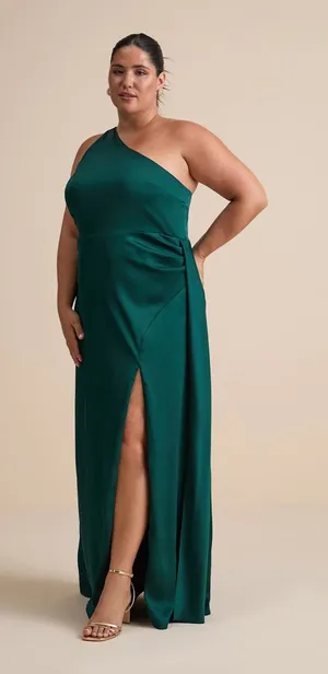 NWT Lulus Signature Elegance Emerald Satin One-Shoulder Maxi Dress Wedding Sz 1X thumbnail 1