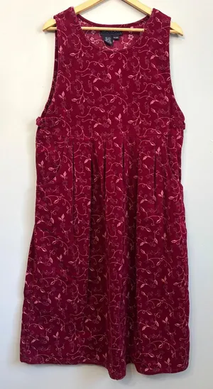 Vtg 80s JG‎ Hook Pinafore Dress Petite L Burgundy Corduroy Floral Modest Cottage thumbnail 1