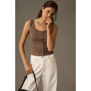 Maeve x Anthropologie Brown Checkered Jacquard Bustier Tank Top Size Large thumbnail 12
