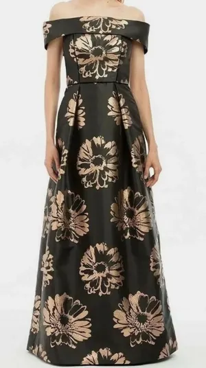 Nicole Miller formal gown with gold‎ flowers and velvet detail - size 2 thumbnail 1