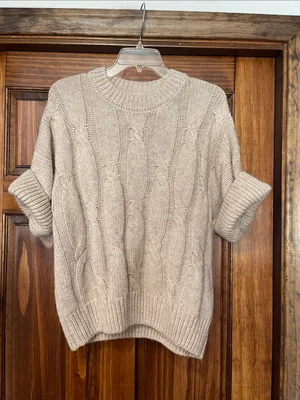 Beige Cable Knit Short-Sleeve Sweater M/L thumbnail 4