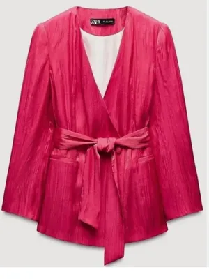 NWT ZARA Women's Blazer Wrinkle Effect Belted fuchsia Hot Pink Medium thumbnail 7