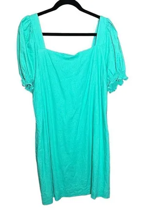 Draper James RSVP Squareneck Puff Sleeve Dress‎ linen blend sz XL bright teal thumbnail 1