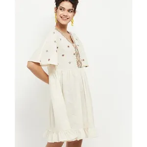 Max Women Cream Cotton Boho Embroidered V-Neck Ruffle Hem Mini Dress thumbnail 4