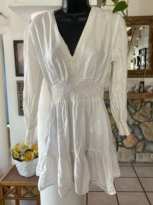 Zara linen blend dress long sleeve white ivory size M smocked ruffle thumbnail 1