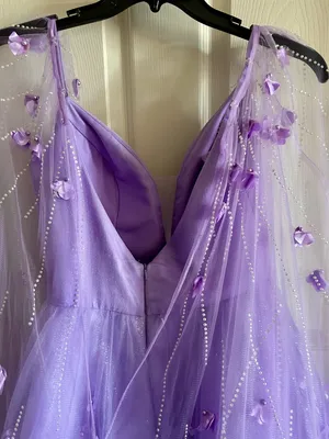 Ellie Wilde Lilac Embroidered Lace‎ Organza Sparkly Prom Dress w/Cape Sleeves 6 thumbnail 10