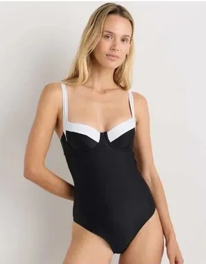 New Quince Italian Underwire One Piece Womens Swimsuit Black White Size Large thumbnail 1