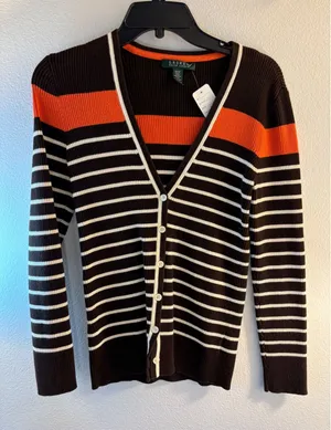 Lauren Ralph Lauren Brown Striped Ribbed V-Neck Cardigan Sweater Orange White M thumbnail 1