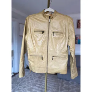 Ruff‎ Hewn Camel Leather Jacket Moto World Map-Lined Traveler Parisian Scandi thumbnail 2