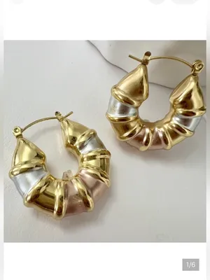 Tri Color Bamboo Hoop Earrings Stainless Steel Womens Jewelry thumbnail 3