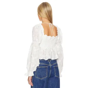 ASTR The Label Revolve‎ Barstow Top White Eyelet Puff Sleeve Smocked Top XS thumbnail 3