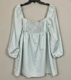 Gianni Bini Gingham Babydoll Dress Green & Ivory Long Sleeve Sz 12 NWT Kennedy thumbnail 7