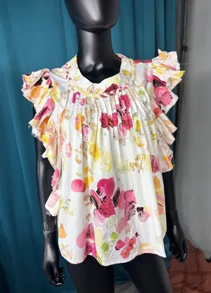 Fairhope Floral Ruffle Sleeve Top Pintuck Detail White Pink Yellow L‎ thumbnail 1