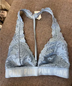 Victorias Secret PINK Light‎ Blue Floral Lace Racerback Bralette Logo Band Small thumbnail 1