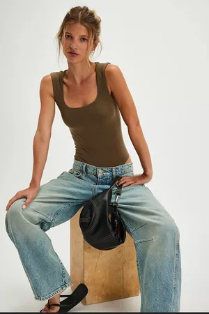 NWT FREE PEOPLE- Luna Square Neck Bodysuit Military Olive Size L/XL thumbnail 1