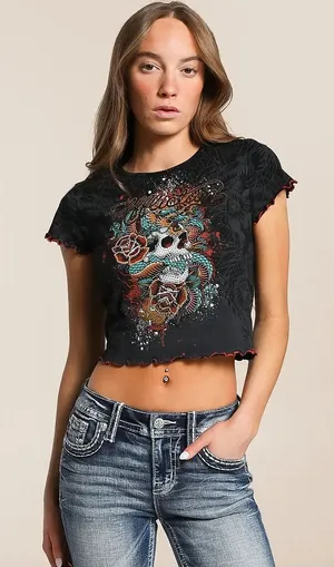 Affliction Black Cropped Graphic Tee with Multicolor Skull & Snake thumbnail 1