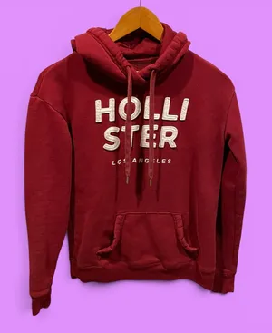 Cute burgundy Hollister Los Angeles CA appliqué fuzzy letters hoodie sweatshirt thumbnail 1
