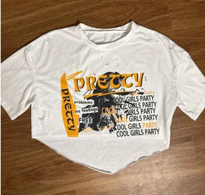 White Graphic Crop Top‎ Handkerchief Hem Cool Girls Party Rock Streetwear Tee thumbnail 1