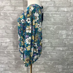 Eclair Floral Button Down Smocked Top Blue Size L thumbnail 4