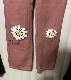 No brand overalls , cute, dusty rose colored with detailed flowers , 2 front poc thumbnail 4