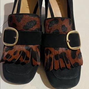 M. Gemi Lettura Block Heel buckled Fringe Loafer size 37 made in Italy leopard thumbnail 8