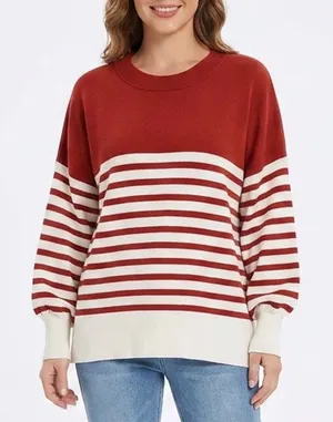 Red Cream Striped Oversized Crewneck Sweater Long Sleeve Side Slit Size M thumbnail 1