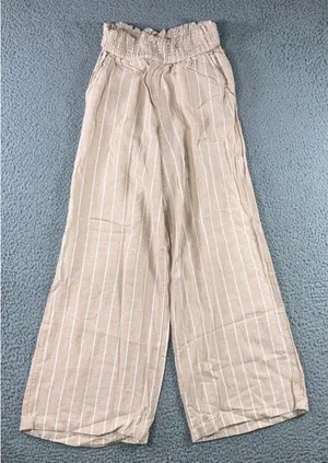 Pink Rose Wide Leg Pants Women S Tan White Striped Smocked High Rise Linen Blend thumbnail 1