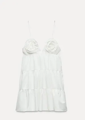 Zara dress mini Boho floral ruffle Poplin flowy cotton white summer vacation thumbnail 10