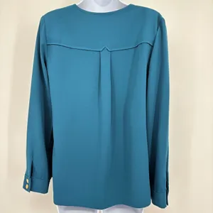 Trina Turk Blouse Women SM Teal Blue Split Neck Gold Button‎ Cuff Crepe Tunic thumbnail 5