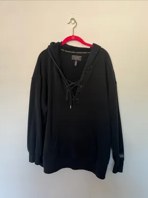EUC Victoria's Secret Black Lace-Up Hooded Sweatshirt sz XL thumbnail 2