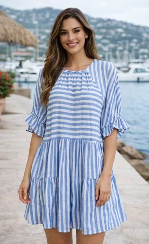 MAISIE Lex Puff Sleeve Babydoll Style Dress In Blue/White Stripe. NWOT. Size L. thumbnail 1
