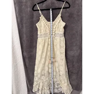 Cream Bohemian Dress Boho Floral Lace Crochet Pom Pom High Low Neutral Resort thumbnail 4