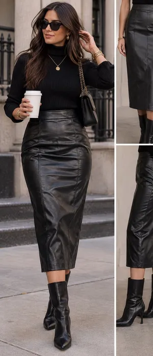 DKNY Black Faux Leather Pencil Skirt medium thumbnail 1