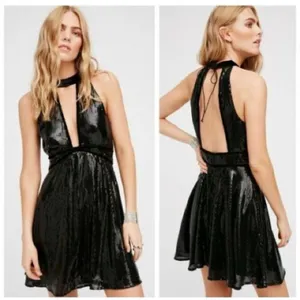 Free People Size 4 Mini Dress‎ Black "Film Noir" Sleeveless Sequins Plunge thumbnail 3