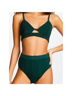 NEW Tavik Pernille High Waisted Bikini Bottom L Pine Green Metallic Stripe Swim thumbnail 4