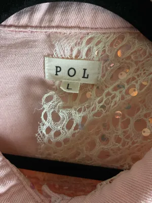 POL Pink Blush Denim Jacket with Sequin Lace Sleeves & Raw Hem - Sz L thumbnail 6