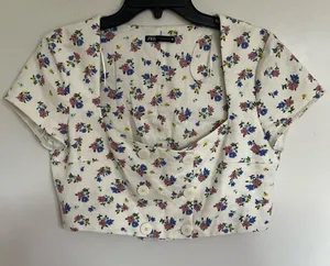 Women's Zara Linen Blend Floral Print Cottage Festival Crop Top Size Large White thumbnail 1