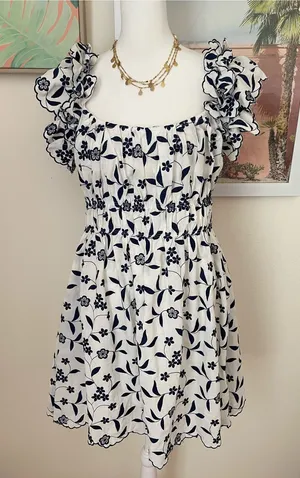 Anthropologie Blue Tassel Floral Embroidered Ruffle Channeled Mini Dress in XS thumbnail 1