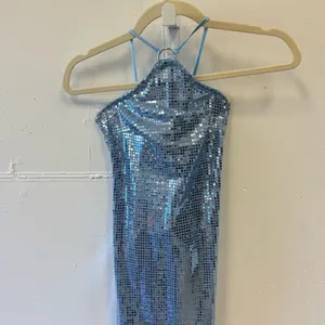 NWT Hosbjerg Sequin‎ Melina Halter Bodycon Midi Dress Winter Sky Blue XS Stretch thumbnail 5