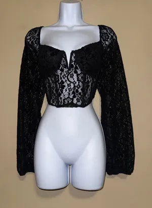 Black Lace Long Sleeve Corset Crop Top M Whimsigoth Dark Academia Festival thumbnail 1