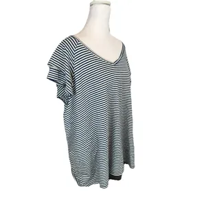 Nautical Preppy Lauren Conrad Top 3X Blue White Striped V-Neck Flutter Sleeve thumbnail 4